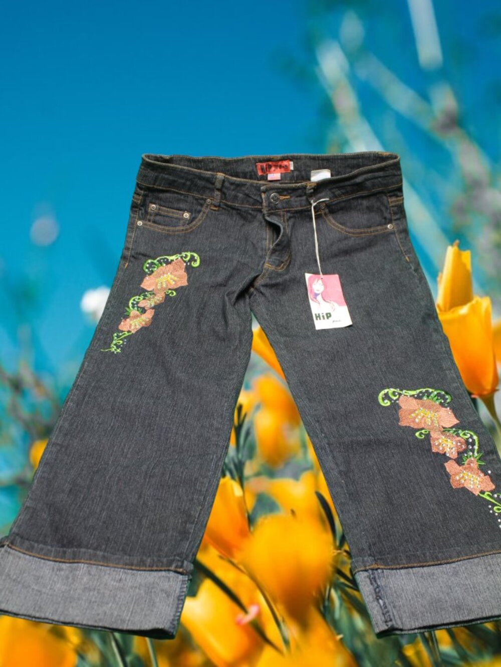 Hip Jeans embroidered flowers Womens Kids  Teen Youth Size 9 USA